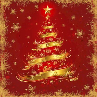 圣诞金树在红背景中闪耀