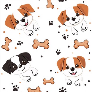 可爱小狗与骨头和爪印的图案