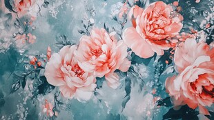 青绿色背景上的粉色花卉绘画