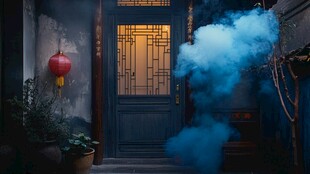 神秘蓝色烟雾笼罩古老门扉