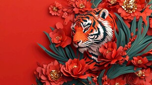 老虎与红花的艺术融合