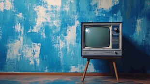 复古电视与蓝色涂鸦墙