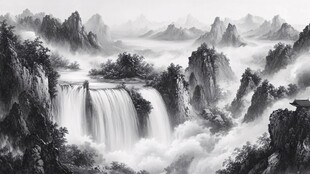 山水画中的瀑布与亭子