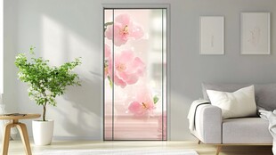 桃花映照的玻璃门