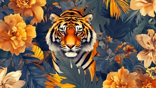 老虎与热带花卉的艺术融合
