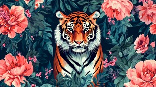 老虎与花卉的宁静共存