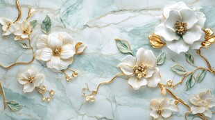 金色花卉图案在青绿色大理石背景上