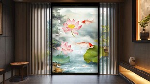 荷塘金鱼图案玻璃门