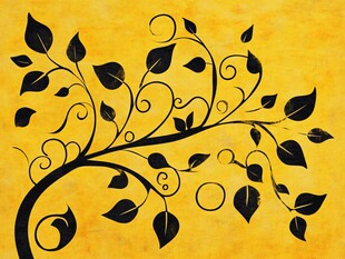 风格化的花卉枝条在纹理黄色背景上