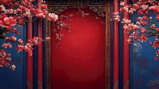 东方之美 红墙蓝柱 梅花绽放