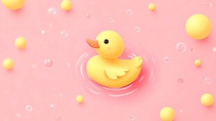 粉色泡泡浴中的快乐黄鸭