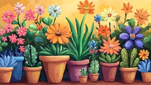 彩色花卉与仙人掌的欢乐集合