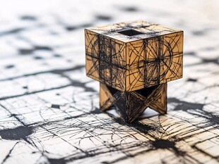 木制几何雕塑与抽象艺术背景的融合