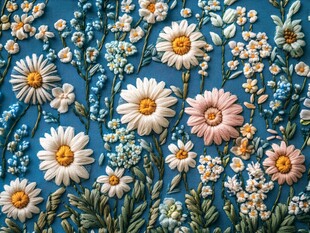 蓝色背景上的花卉刺绣艺术