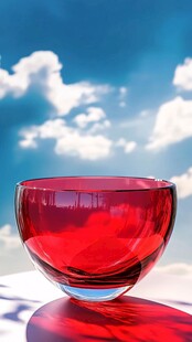 红色玻璃碗与蓝天白云