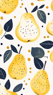 黄色梨形图案与叶子和圆点的组合