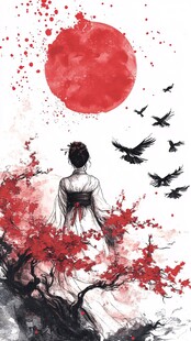 红月映照下的古风女子与鸟儿