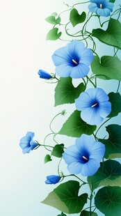 蓝色花卉与绿叶的数字艺术作品
