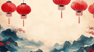 中国红灯笼与山水画