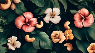 热带花卉与腰果的艺术融合