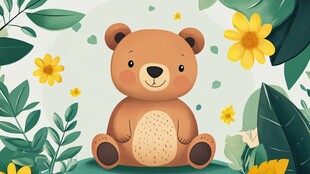 可爱的小熊坐在花丛中