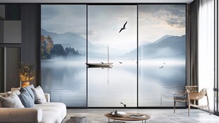 山湖小船风景画