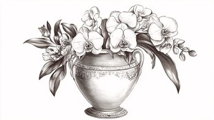 古典花瓶中的兰花插画