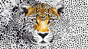 豹纹艺术 动物面孔 数字绘画 波普艺术影响 黑白对比 点状图案 黄色强调 细节描绘 现代艺术 野生动