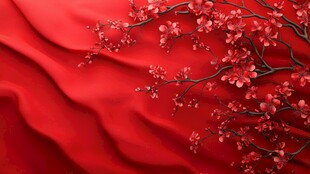 红色丝绸上的樱花