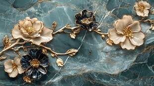 金色花卉在青绿色大理石背景上