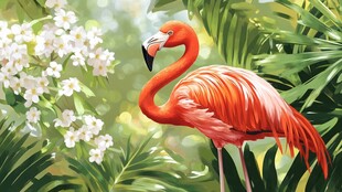 火烈鸟与白花