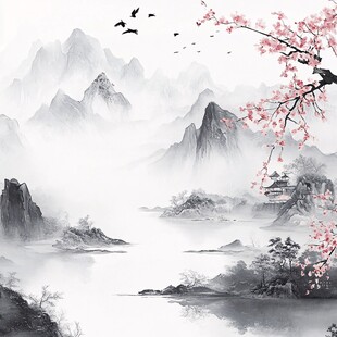 山水画中的桃花与飞鸟