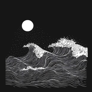 夜幕下的海浪与明月