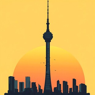 城市天际线与日落