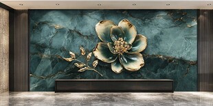 绿色大理石背景上的金色花卉装饰