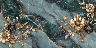 金色花卉与绿色大理石纹理