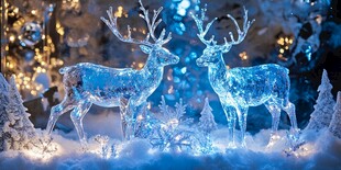 冰蓝色的圣诞鹿与雪花森林