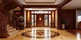 豪华室内设计 木质楼梯和精致吊灯