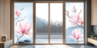 粉白相间的花朵与宁静的山景相结合