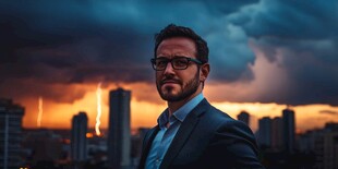 城市风暴中的商人