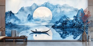 山水画中的月光小船