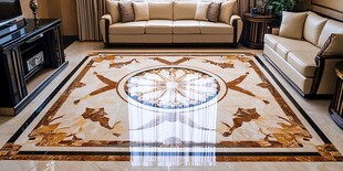 豪华客厅 石材地面 舒适沙发 优雅窗帘 自然光线 宁静氛围