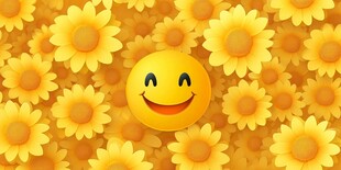 快乐黄色笑脸与向日葵背景