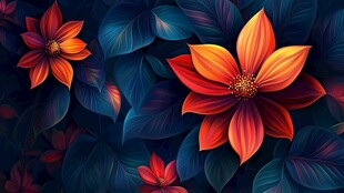 橙色花卉与深蓝色叶子