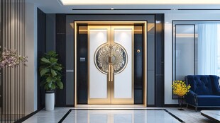 豪华室内设计 金色门和蓝色椅子