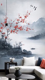 新中式风格的红梅山水画墙纸