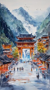 山水画中的古城风貌