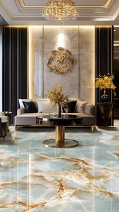 豪华客厅 浅蓝色大理石地板和金色装饰