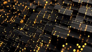 抽象的金色粒子在黑暗的表面上流动