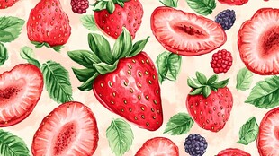 草莓与薄荷的水彩图案